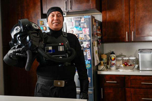 Ermer Twano, a Paradise Hills resident, is part of the 501st Legion BH-50799 and also a prop builder. Twano wearing a Star Wars, TIE fighter pilot costume in Paradise Hills on 07.14.25, in San Diego, California. (Alejandro Tamayo / The San Diego Union-Tribune)