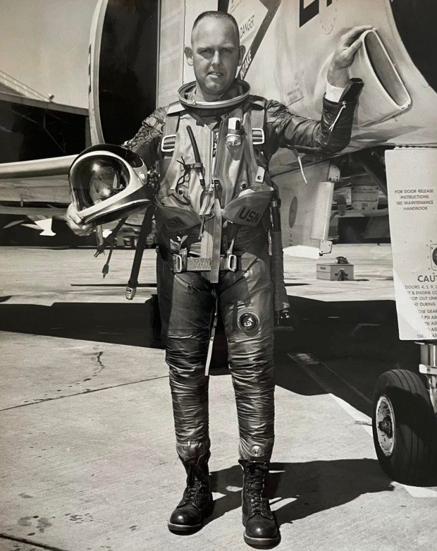 Vern Jumper stands in front of a F-4 Phantom aircraft at Naval Air Station Miramar in 1968. (US Navy)