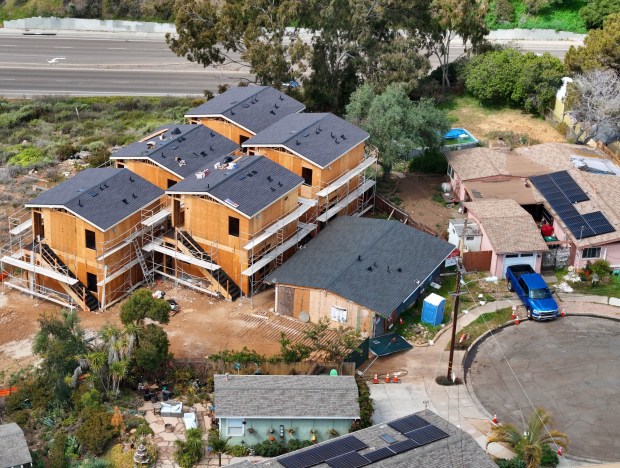 A 10-unit ADU bonus program project, consisting of five separate buildings, is being built on Shoshoni Avenue in Clairemont, shown here on April 27, 2025. (K.C. Alfred / The San Diego Union-Tribune)