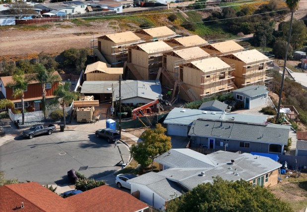 A 17-unit ADU bonus program project being built on Almayo Avenue in Clairemont on Wednesday, Jan. 29, 2025. The lot originally housed a 1,018-square-foot single-family home. (K.C. Alfred / The San Diego Union-Tribune)