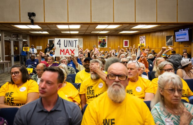 People filled a City Council meeting in mid-June to determine a cap on the number of accessory dwelling units allowed under the city's bonus unit incentive program. (Ana Ramirez / The San Diego Union-Tribune)