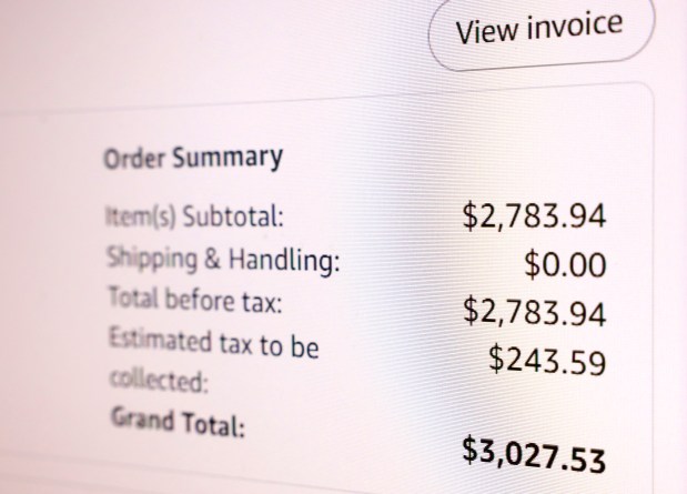 Joe Witkin, who lives in Del Mar Heights, noticed that Amazon has been using the wrong tax rate for people in his area after he bought a computer. His receipt is seen here on July 16, 2025, in San Diego, California. (K.C. Alfred / The San Diego Union-Tribune)