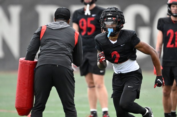 San Diego State wide reciever Jordan Napier (2) practices, March, 11, 2025 in San Diego, Calif. (Photo by Denis Poroy)