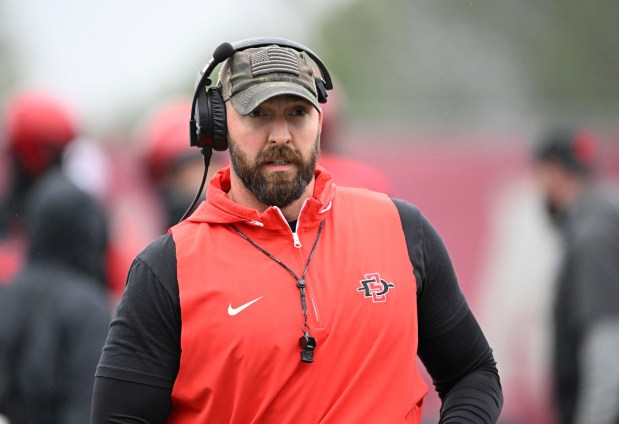 San Diego State head coach Sean Lewis looks on at practice, March, 11, 2025 in San Diego, Calif.  (Photo by Denis Poroy)