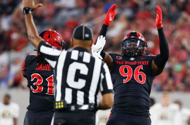 San Diego State edge Ryan Henderson (96) celebrates on the field during their game against the Texas A&M-Commerce at Snapdragon Stadium on Saturday, Aug. 31, 2024 in San Diego, CA. (Meg McLaughlin / The San Diego Union-Tribune)