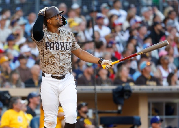 Xander Bogaerts  #2 of the San Diego Padres flies out with the bases loaded in the first inning against the Texas Rangers at Petco Park on July 6, 2025 in San Diego, California. (Photo by K.C. Alfred / The San Diego Union-Tribune)