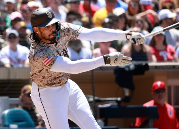 Luis Campusano #12 of the San Diego Padres strikes out in the fourth inning against the Philadelphia Phillies at Petco Park on July 13, 2025 in San Diego, California. (Photo by K.C. Alfred / The San Diego Union-Tribune)
