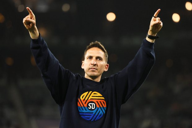 San Diego FC head coach Mikey Varas acknowledges the crowd after their win against the FC Dallas at Snapdragon Stadium on Saturday, May 3, 2025 in San Diego, CA. (Meg McLaughlin / The San Diego Union-Tribune)