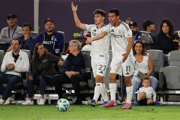 Luca Bombino #27 of San Diego FC and Hirving Lozano #11 react to a foul called during their match against the Toronto FC at Snapdragon Stadium on Wednesday, July 16, 2025 in San Diego, CA. (Meg McLaughlin / The San Diego Union-Tribune)