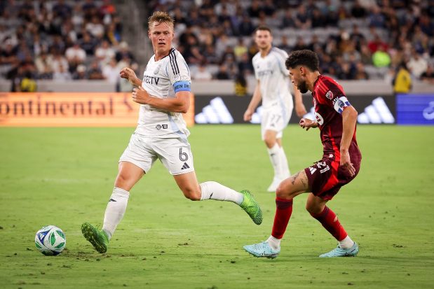 Jeppe Tverskov #6 of San Diego FC looks to pass against Jonathan Osorio #21 of Toronto FC at Snapdragon Stadium on Wednesday, July 16, 2025 in San Diego, CA. (Meg McLaughlin / The San Diego Union-Tribune)