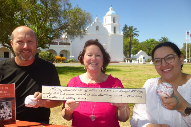 Sean Englert, Gwyn Grimes, Helena Hazelton at Mission San Luis Rey. (Bill Swank)
