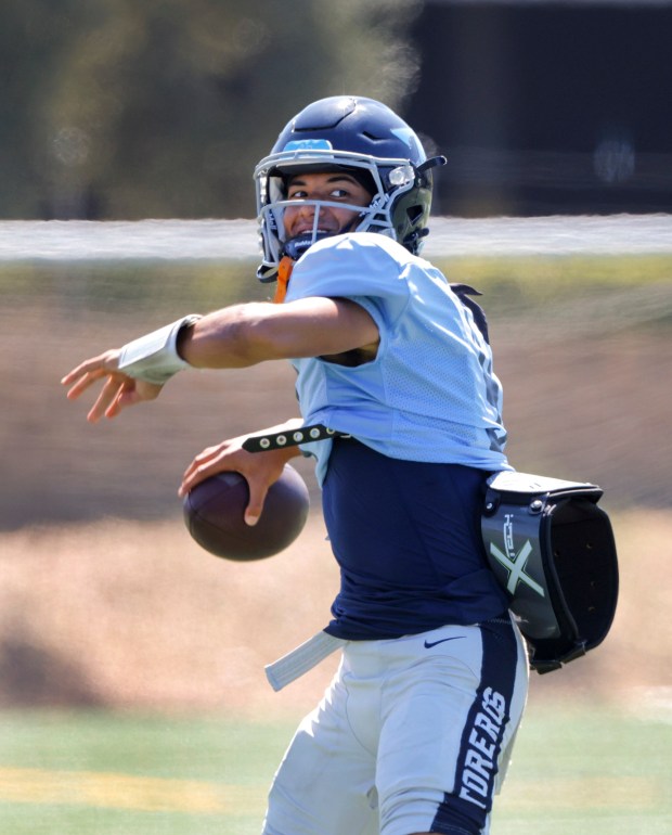 USD quarterback Dominic Nankil passes. (Charlie Neuman / For The San Diego Union-Tribune)
