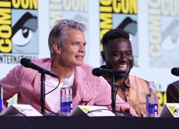 Timothy Olyphant and Jonathan Ajayi speak onstage at FX's "Alien: Earth" Panel during 2025 Comic-Con International: San Diego at San Diego Convention Center on July 25, 2025 in San Diego, California. (Photo by Amy Sussman/Getty Images)