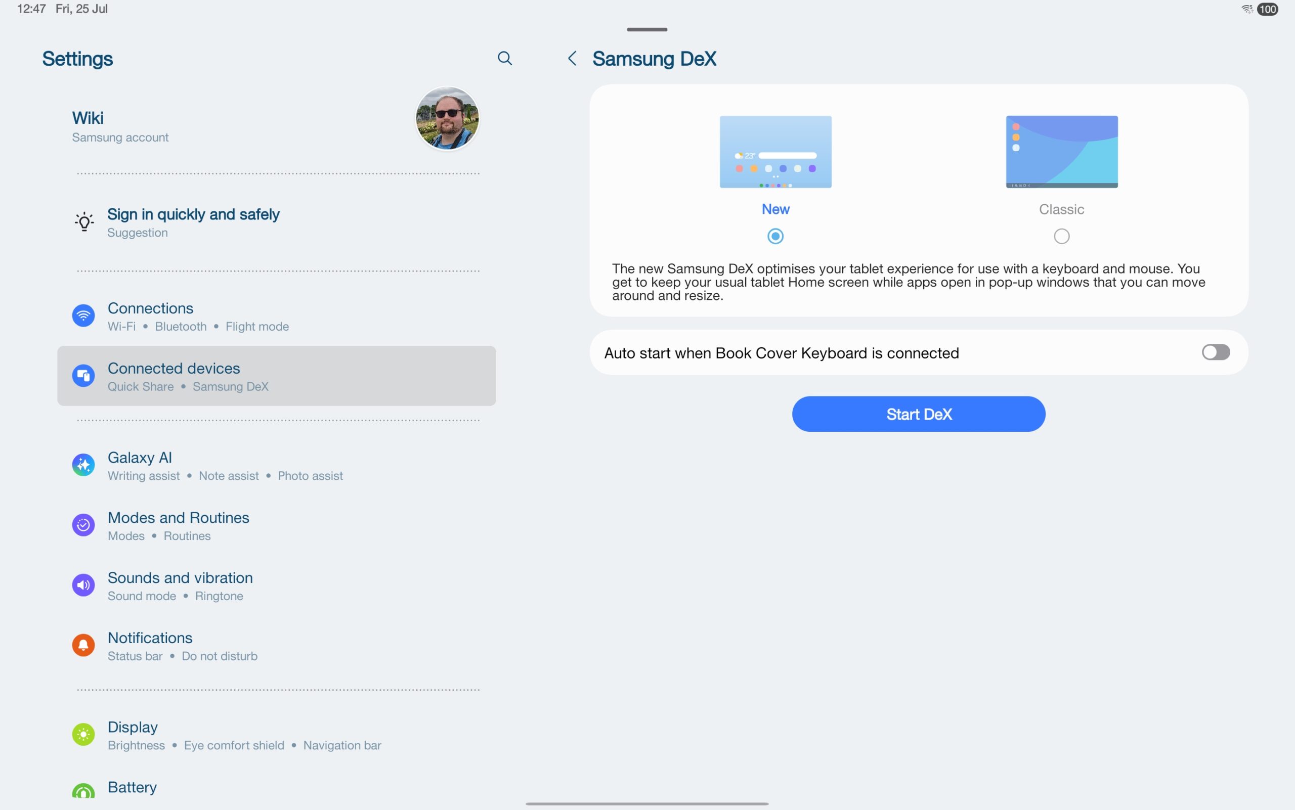 A screenshot of DeX settings on a Tab S10 Plus running One UI 7