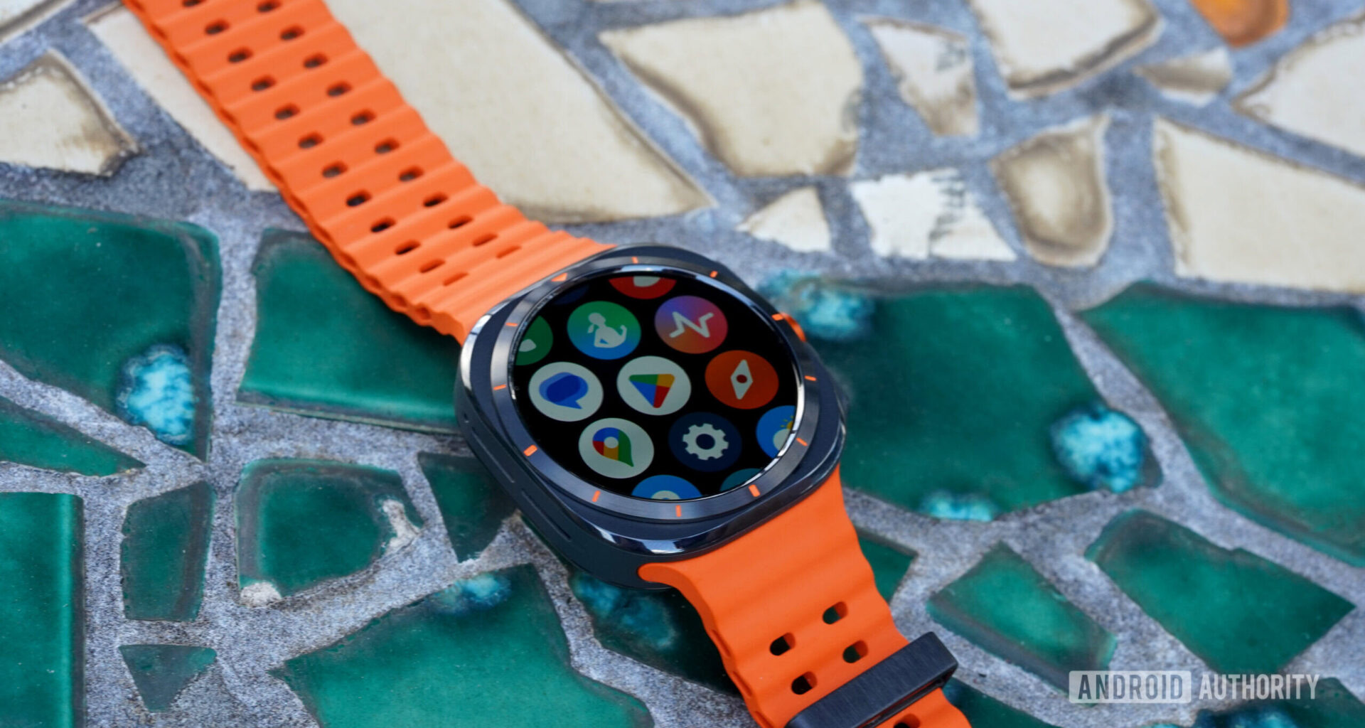 A Samsung Galaxy Watch Ultra Wear displays a users app library.