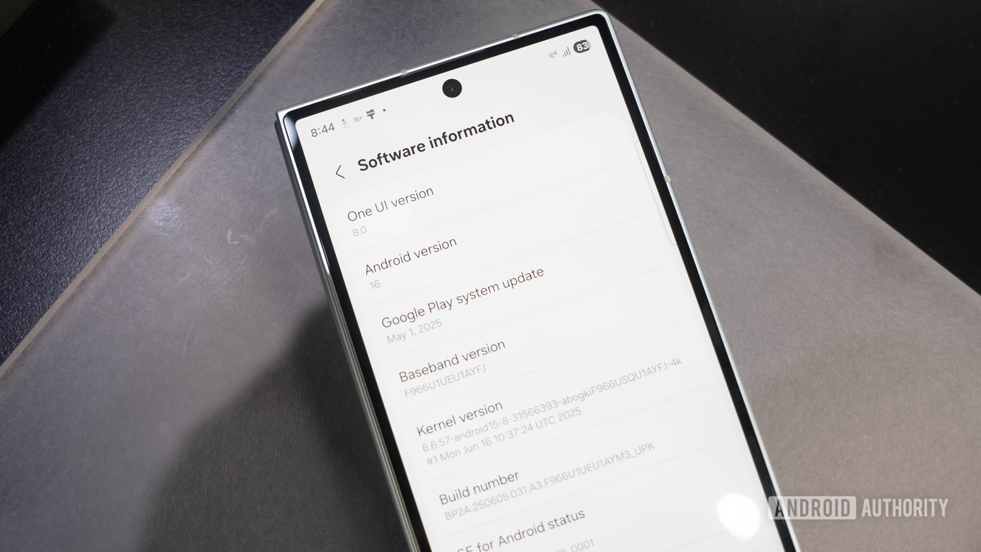 Samsung Galaxy Z Fold 7 About Phone screen showing Android 16 and One Ui 8