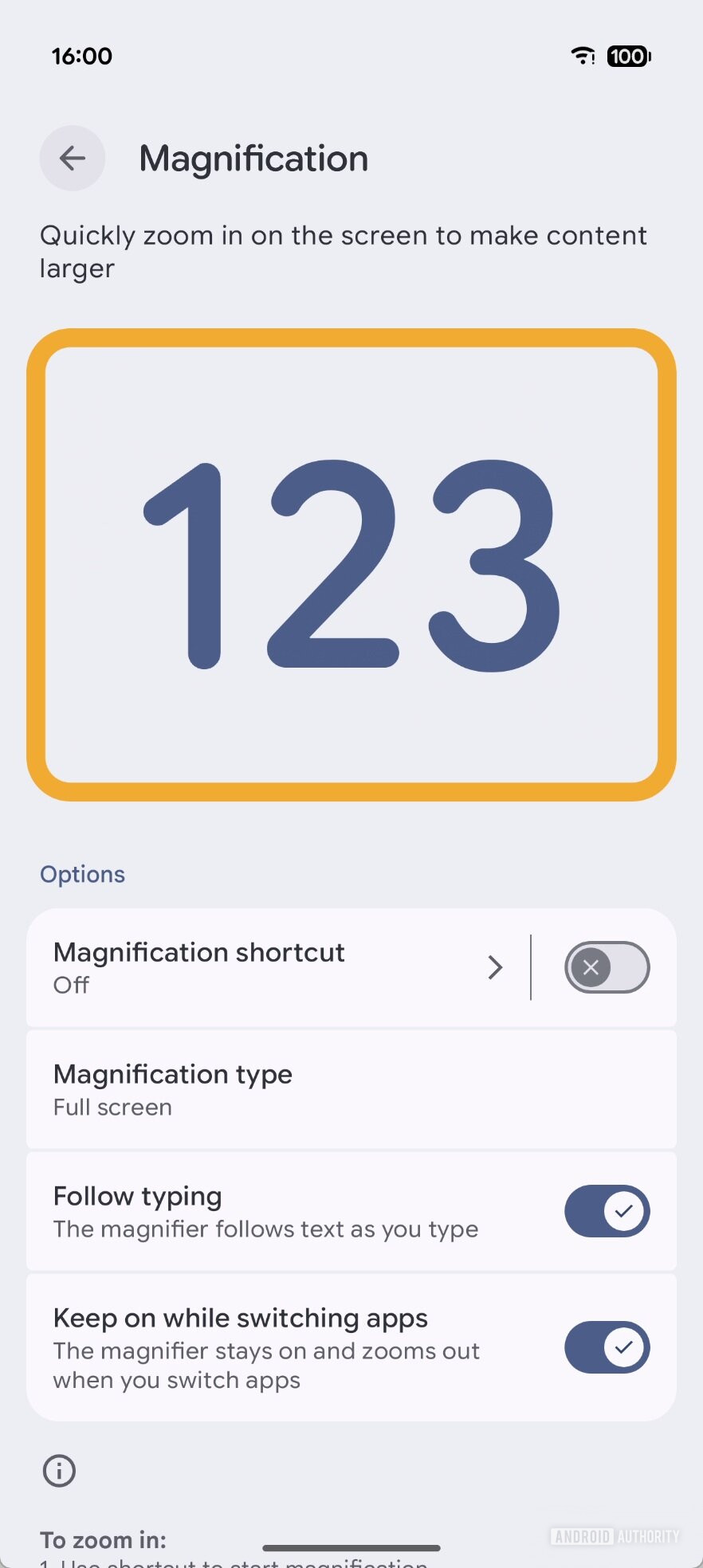 Screen magnification options in Android 16 QPR1