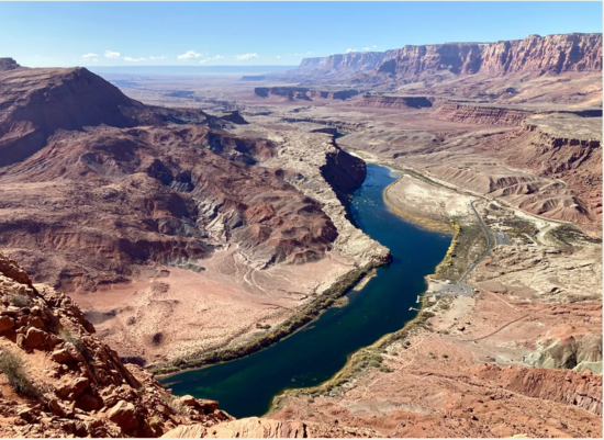 Looking down at the Colorado River, Lees Ferry, and the Paria River.