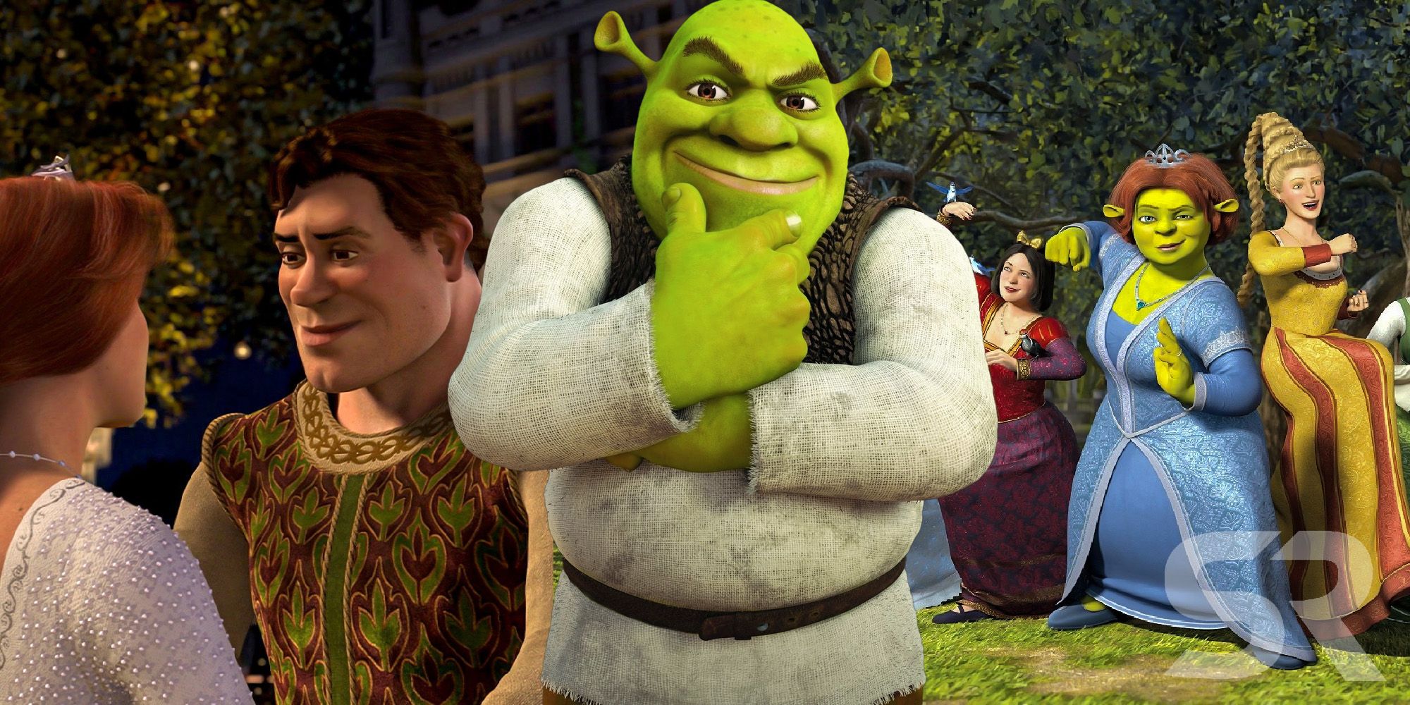 A composite image of Shrek standing with his chin on his hand in front of human Shrek smiling at Fiona and Fiona leading an army of women doing Kung Fu in the Shrek Movies