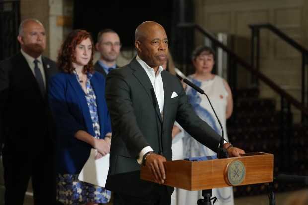Mayor Eric Adams speaks at the Roosevelt Hotel Wednesday, July 2, 2025 in Manhattan, New York. (Barry Williams/ New York Daily News)