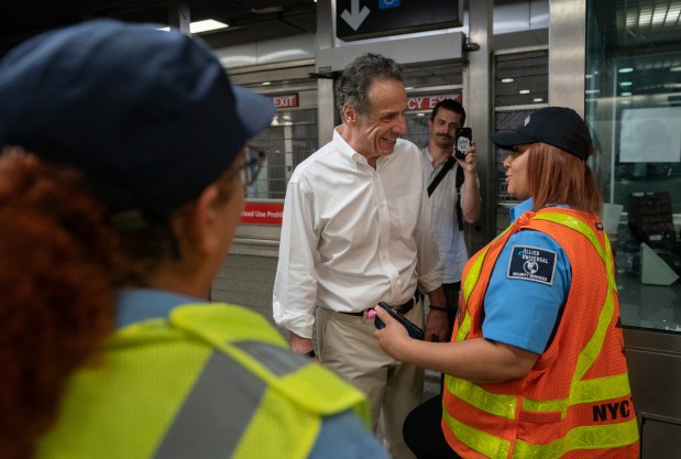 Gov. Andrew Cuomo talks to MTA employees at the 96th St. Q station Wednesday, July 16, 2025 in Manhattan, New York. (Barry Williams/ New York Daily News)