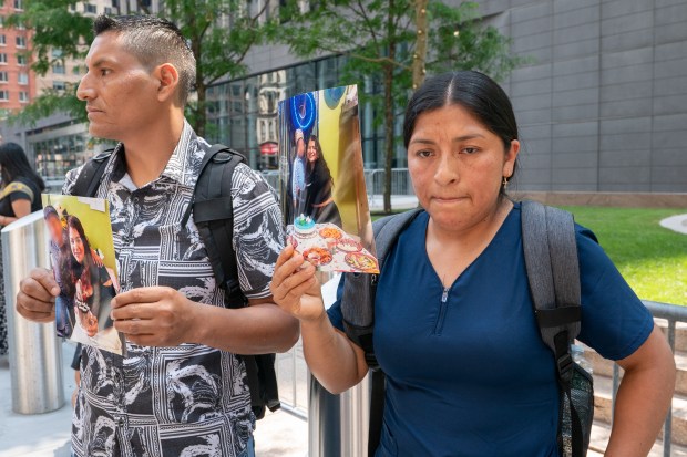 Ecuadorian immigrants Maria Chipantiza and her husband Marco talk to the media about their daughter, Jocelyn Chipantiza, 20, who was taken into Federal custody last week outside Jacob K. Javits Federal Building Thursday, July 3, 2025 in Manhattan, New York. (Barry Williams/ New York Daily News)