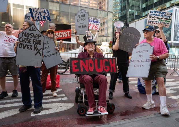 Members of several activist groups protest outside Trump Tower Friday, July 4, 2025 in Manhattan, New York. (Barry Williams/ New York Daily News)