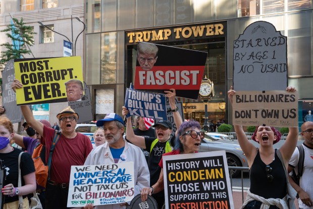 Members of several activist groups protest outside Trump Tower Friday, July 4, 2025 in Manhattan, New York. (Barry Williams/ New York Daily News)