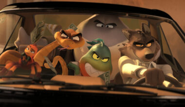 (from left) Tarantula (Awkwafina), Snake (Marc Maron), Shark (Craig Robinson), Piranha (Anthony Ramos) and Wolf (Sam Rockwell) in DreamWorks Animation’s The Bad Guys, directed by Pierre Perifel.