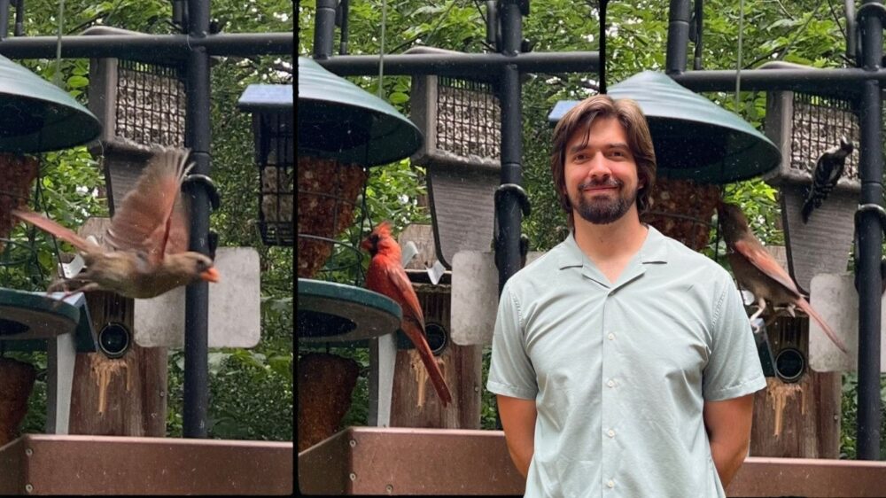 Bird-Friendly Communities Program Manager Schyler Brown stands in front of three images taken at Houston Audubon's bird feeder, which attracts a variety of bird species that don't typically gather together in the wild.