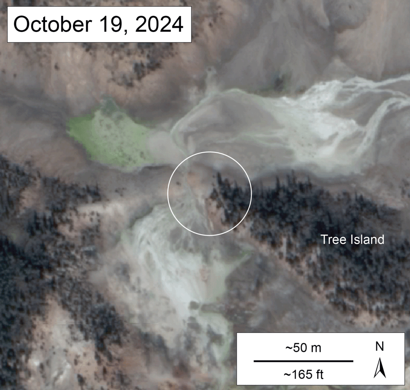 gif showing satellite images of the region. In December 2024, there was no sign of the hole, but by January 6, 2025, a small depression had formed. By February 13, the water-filled hole was well and truly established.