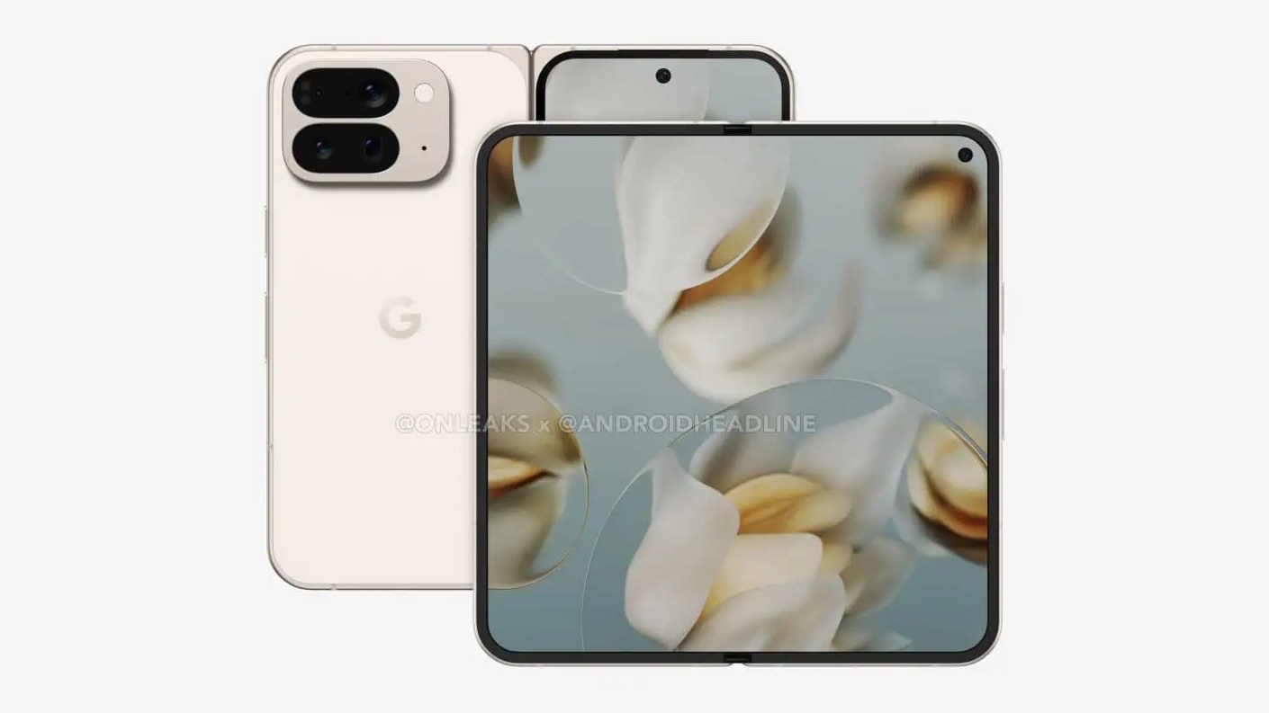 A leaked look at the Pixel 10 Pro Fold rendering, showcasing its full internal display and rear panel.
