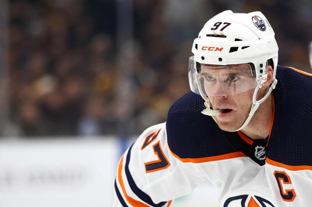 Nov 11, 2021; Boston, Massachusetts, USA; Edmonton Oilers center Connor McDavid (97) during the second period against the Boston Bruins at TD Garden. Mandatory Credit: Winslow Townson/USA TODAY Sports