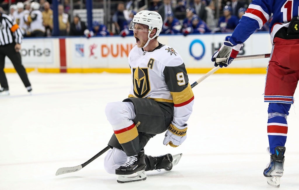 Feb 2, 2025; New York, New York, USA; Vegas Golden Knights center Jack Eichel (9) celebrates his goal against the New York Rangers during the first period at Madison Square Garden. Mandatory Credit: Danny Wild-Imagn Images