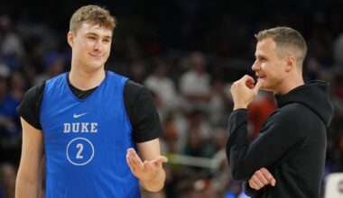 Jon Scheyer chatting with Cooper Flagg but will now be looking for Duke Basketball Director of Player Development.