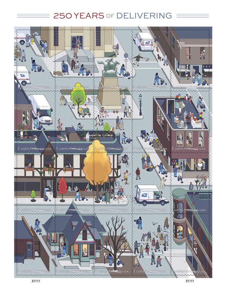 a series of stamps illustrated by Chris Ware for the united states postal service's 250th anniversary. a scene of people delivering mail in a city