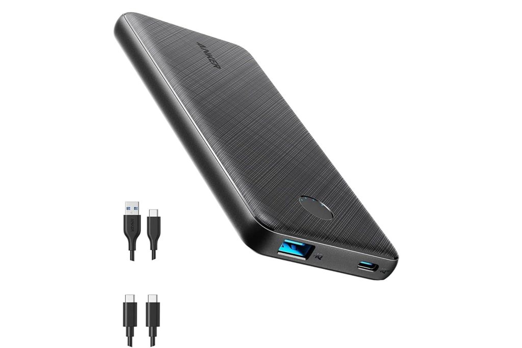 Black rectangular Anker power bank with a blue USB port