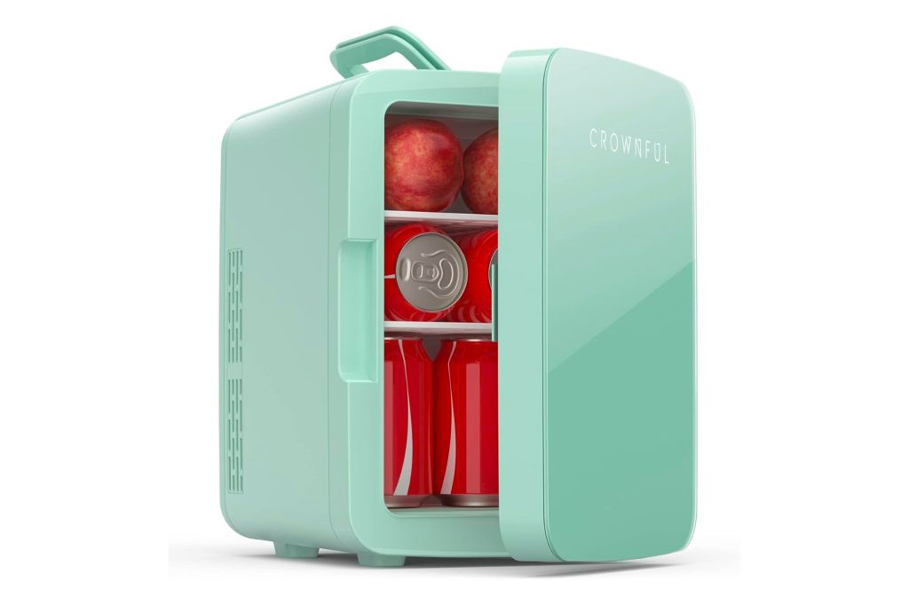 A white mini fridge  with red interior from Crownful