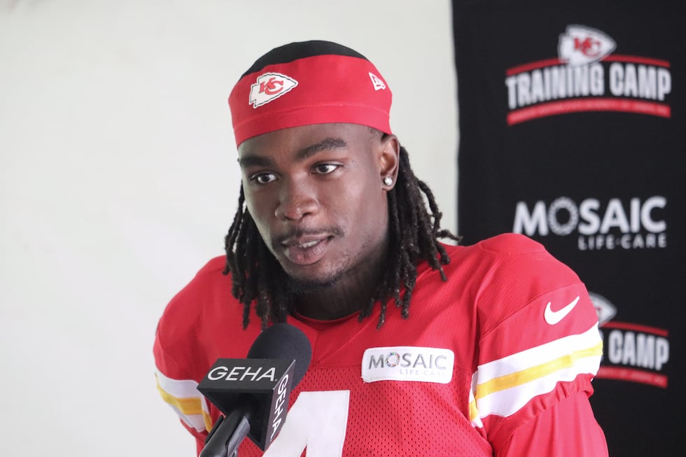 Kansas City Chiefs wide receiver Rashee Rice (4) at training camp in St. Joseph, Mo., on Aug....