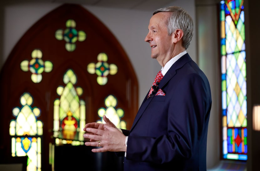 First Baptist Dallas Pastor Robert Jeffress speaks to media following a service for the...