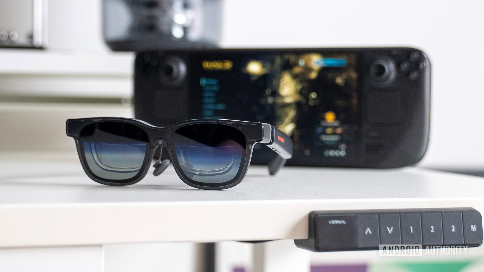 VITURE luma pro steam deck in background on an angle