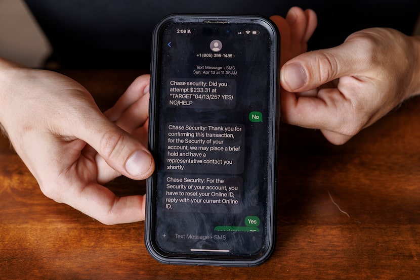 Russell Leahy shows a text message from a scammer impersonating representatives from Chase...