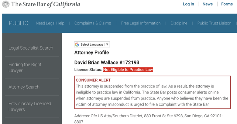 State Bar of California listing for David Wallace of the San Diego U.S. Attorney's Office as of July 22, 2025.