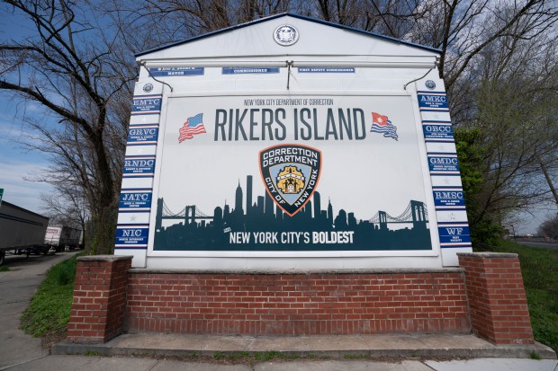 The sign at the entrance to Rikers Island is pictured on April 6, 2023, in Queens. (Barry Williams for New York Daily News)