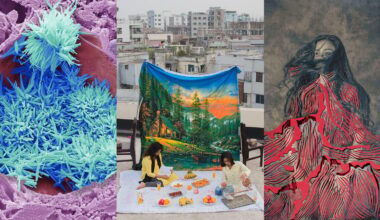 A triptych: Left shows a microscopic close-up of spiky blue-green crystals; center features two people arranging food on a rooftop with a vivid landscape backdrop; right is abstract art of a person in a flowing red dress.