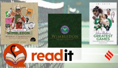 Books on Wimbledon on a tennis court