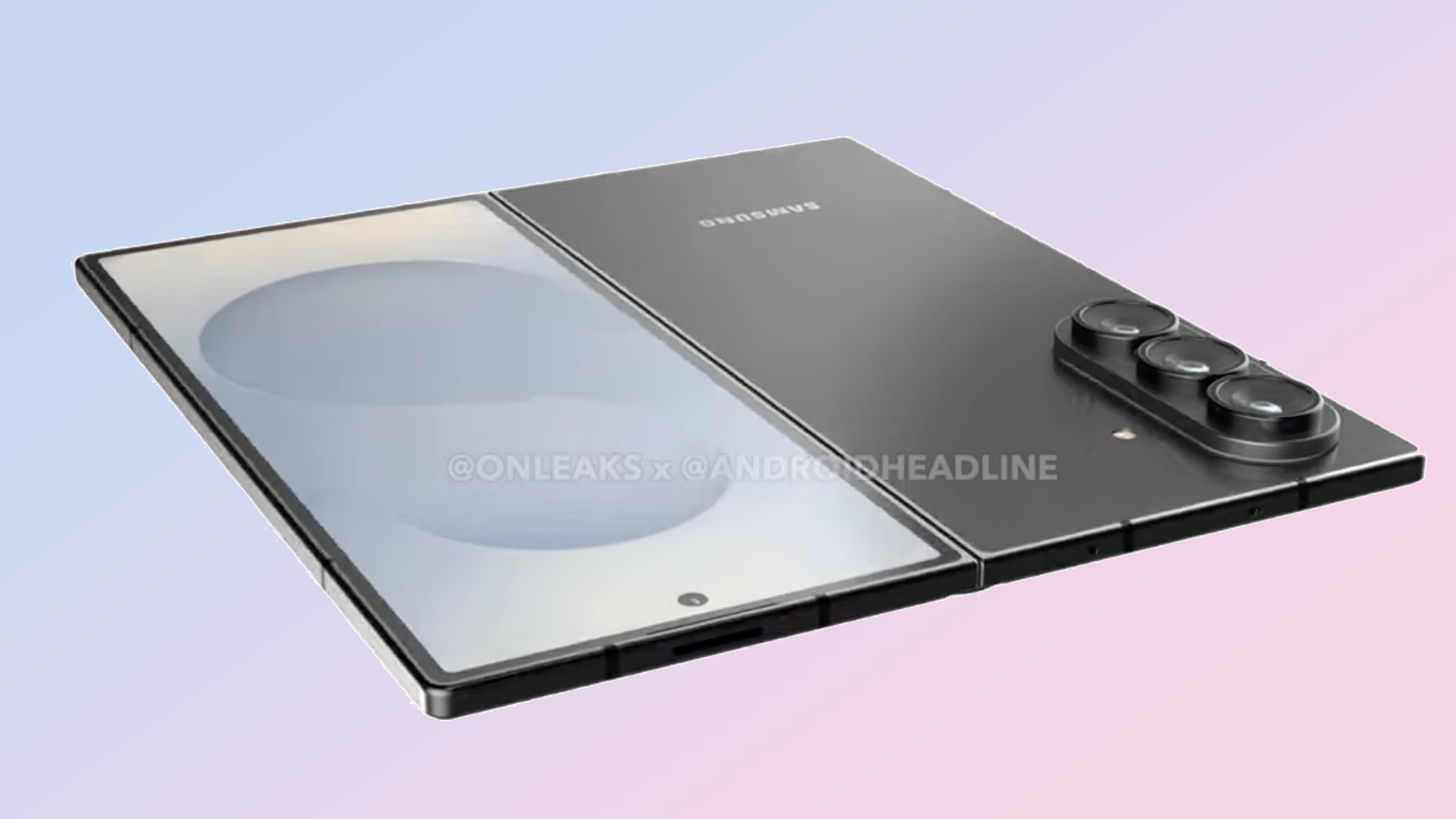 Android Headlines render of an opened Galaxy Z Fold 7 showing the cover display and back panel with camera array
