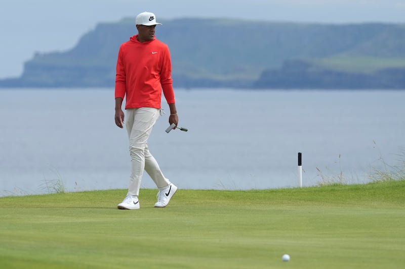 Tony Finau of the United States walks the fifth green during the second round of the British Open at the Royal Portrush Golf Club, Northern Ireland, Friday, July 18, 2025.