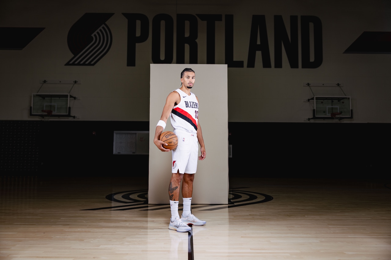 Portland Trail Blazers forward Toumani Camara poses for a photo wearing the team's Association Edition uniform, which was unveiled on Tuesday, July 29, 2025.