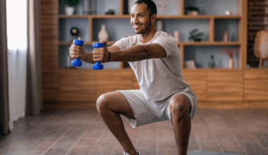 A man doing a squat with two small dumbbells in his living room